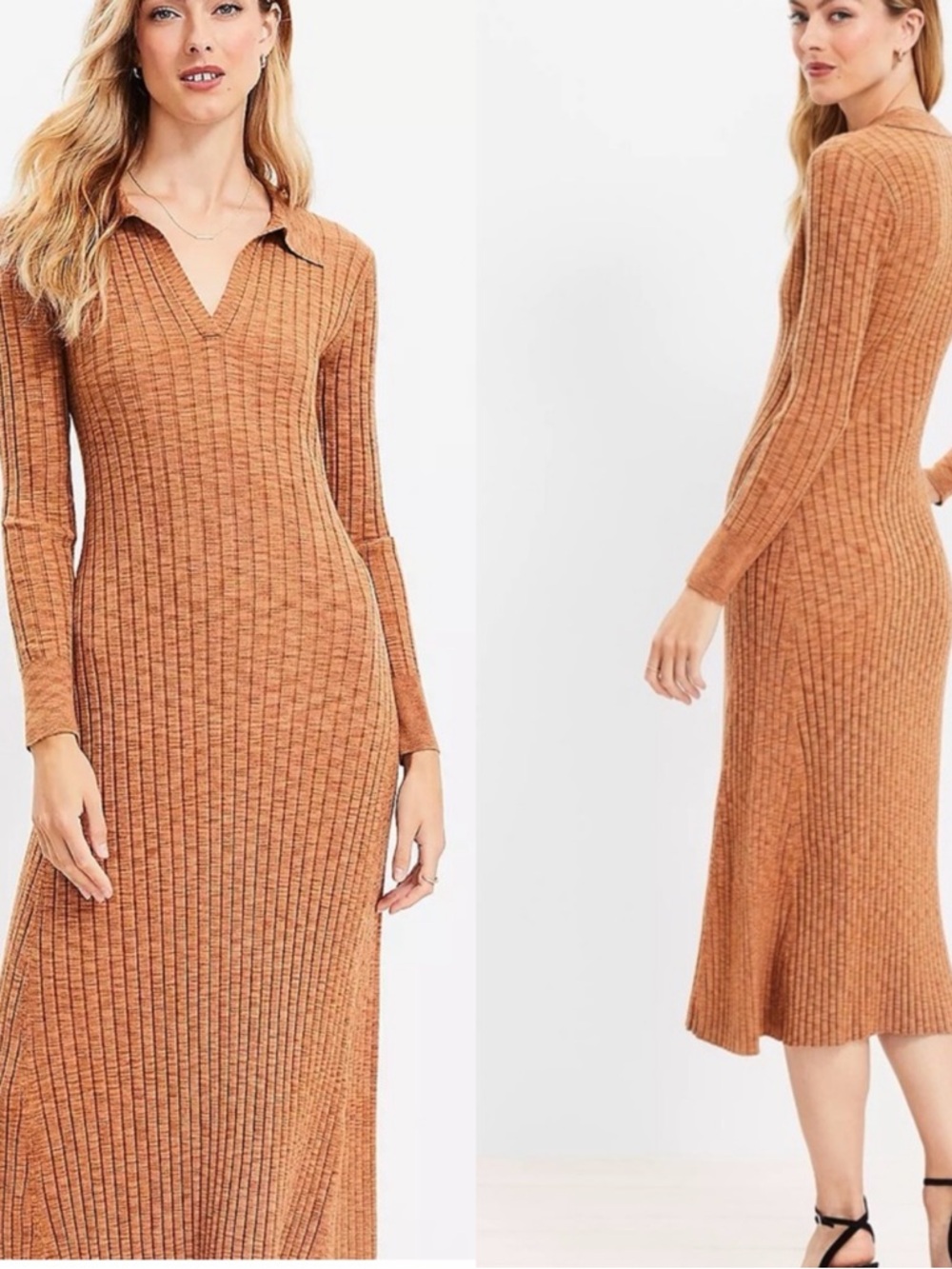LOFT Ribbed Knit Midi Size M Rust Tan Brown Long Sleeve Collared Sweater Dress - Picture 1 of 14